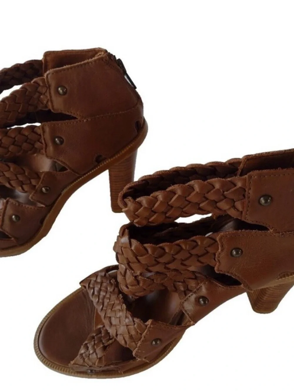 ZARA Brown Braided Leather Sandals Block Heel Back Zip Ankle Bootie Size 9 EU 39 - Picture 3 of 9